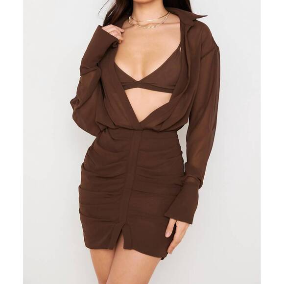 HOUSE OF CB Dresses & Skirts - NEW HOUSE OF CB deep v-neck puff skirt mini dress in brown
